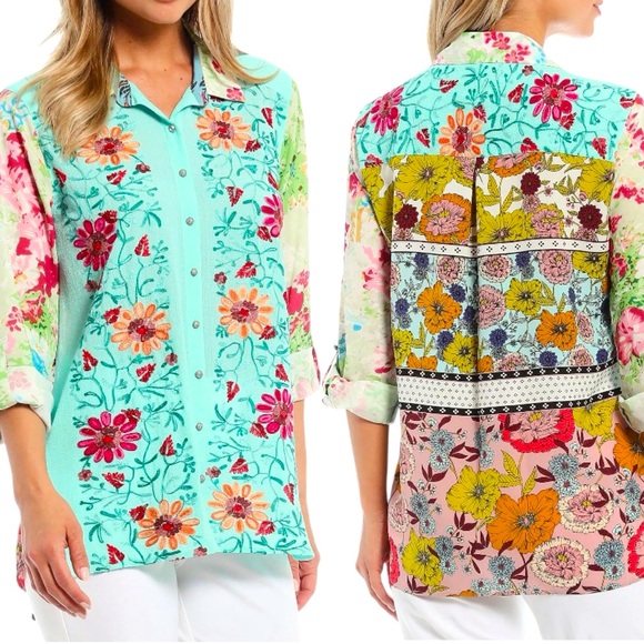 John Mark Mixed Media Floral Embroidered Chiffon Printed Tunic Long Sleeve Small - Picture 1 of 16
